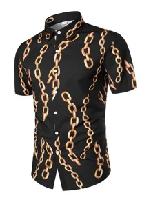 男士錬條圖案襯衫 - 黑色 - 查看 1