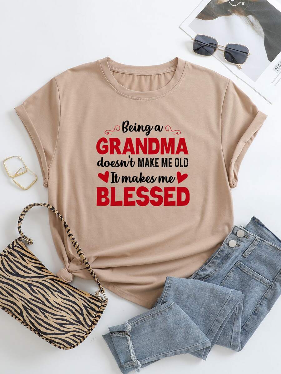 INAWLY 大碼標語圖案T恤 - 卡其色 - 查看 1