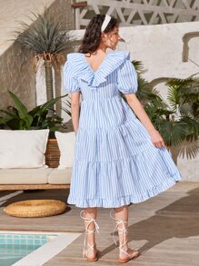 SHEIN Teen Girls Striped Ruffle Trim Puff Sleeve Dress - Blue and White - View 2