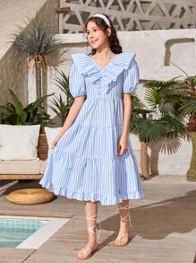 SHEIN Teen Girls Striped Ruffle Trim Puff Sleeve Dress - Blue and White - View 4