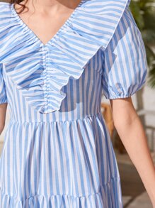 SHEIN Teen Girls Striped Ruffle Trim Puff Sleeve Dress - Blue and White - View 5