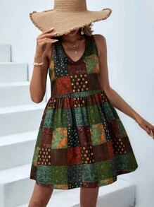 SHEIN VCAY Patchwork Print Smock Dress - Multicolor - View 5