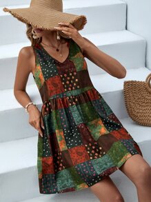 SHEIN VCAY Patchwork Print Smock Dress - Multicolor - View 6