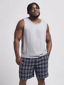 SHEIN Extended Sizes Men Solid Tank Top & Plaid Shorts PJ Set - Multicolor - View 1