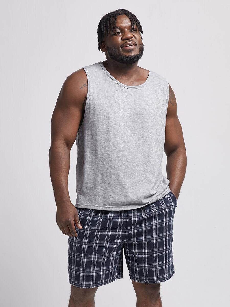 SHEIN Extended Sizes Men Solid Tank Top & Plaid Shorts PJ Set - Multicolor - View 1