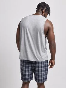 SHEIN Extended Sizes Men Solid Tank Top & Plaid Shorts PJ Set - Multicolor - View 2