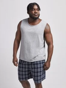 SHEIN Extended Sizes Men Solid Tank Top & Plaid Shorts PJ Set - Multicolor - View 4