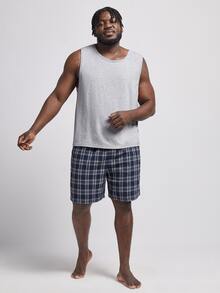 SHEIN Extended Sizes Men Solid Tank Top & Plaid Shorts PJ Set - Multicolor - View 6