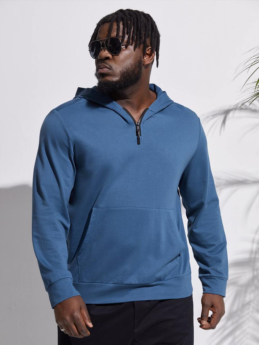 Manfinity Men Plus Kangaroo Pocket Half Zip Hooded Sweatshirt - Dusty Blue - View 1