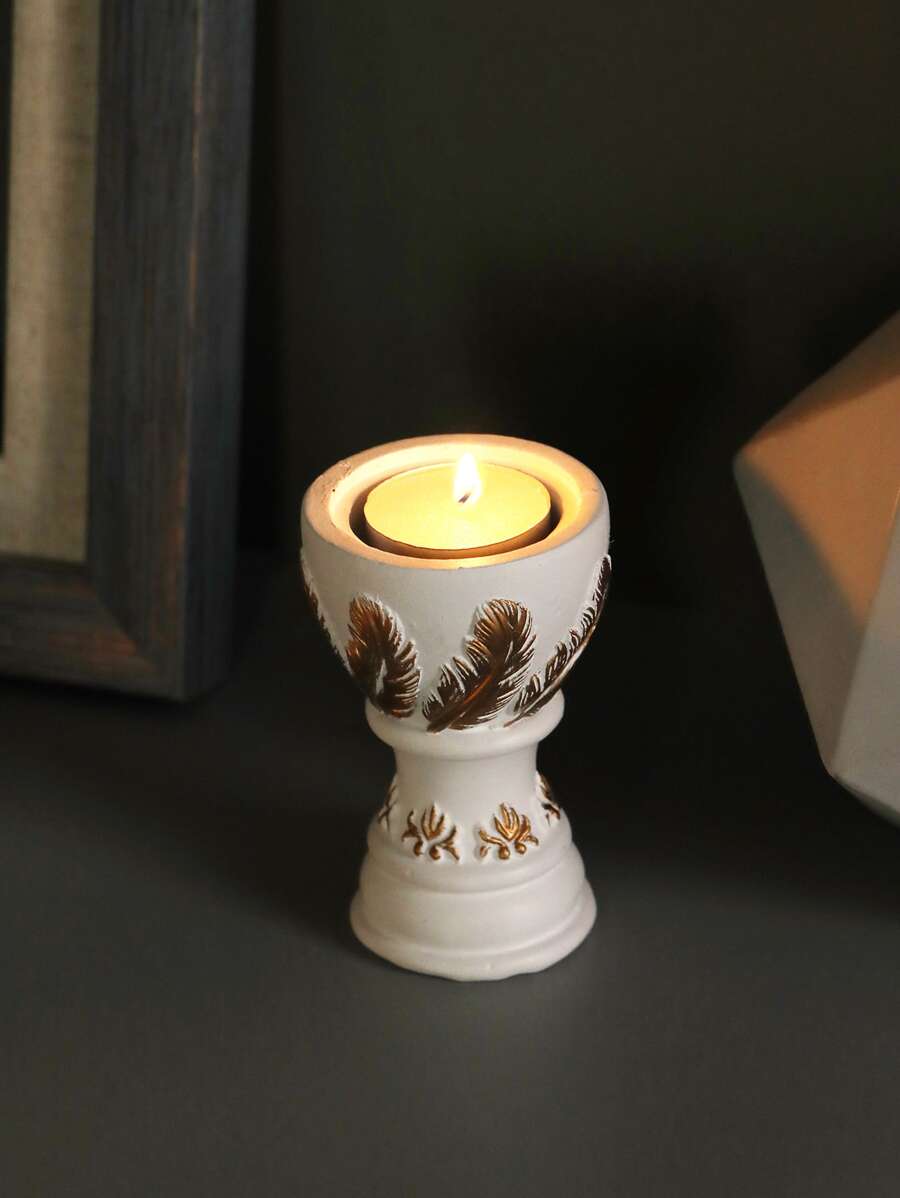 1pc Feather Detail Candle Holder, White Polyresin Candle Stand For Home - White - View 1