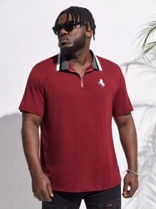 GENTILAND Men Plus Horse Print Contrast Collar Polo Shirt - Burgundy - View 1