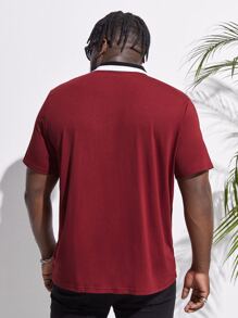 GENTILAND Men Plus Horse Print Contrast Collar Polo Shirt - Burgundy - View 2