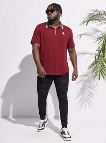GENTILAND Men Plus Horse Print Contrast Collar Polo Shirt - Burgundy - View 3