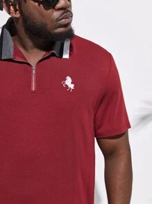GENTILAND Men Plus Horse Print Contrast Collar Polo Shirt - Burgundy - View 6