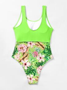 Bãi biển mùa hè Tương phản neon In nhiệt đới Cut Out Bộ đồ tắm một mảnh - Màu xanh chanh - Xem 4