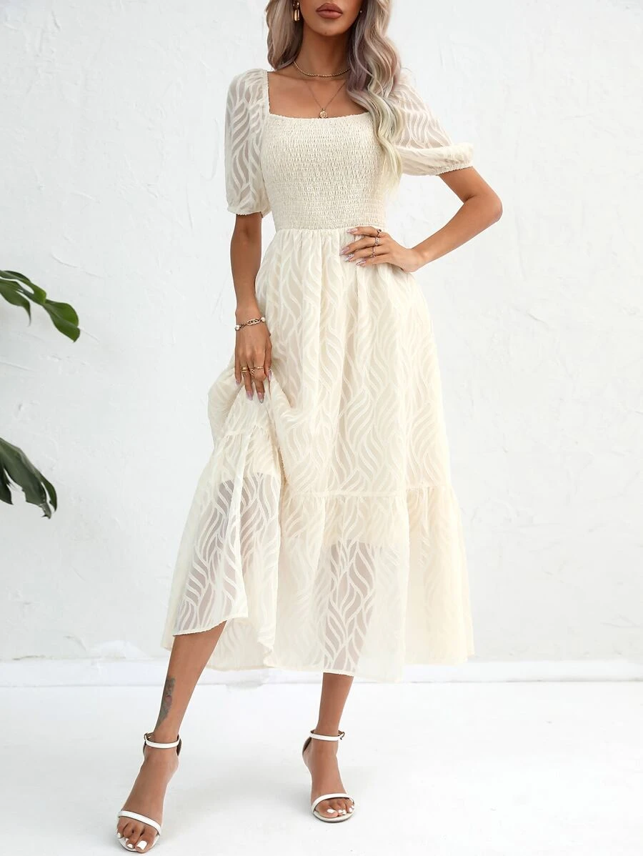SHEIN Privé Square Neck Puff Sleeve Ruffle Hem Dress - Beige - View 1
