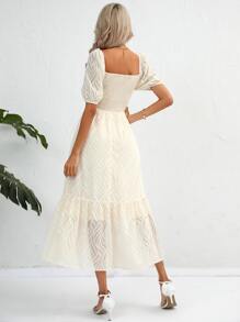 SHEIN Privé Square Neck Puff Sleeve Ruffle Hem Dress - Beige - View 2