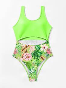 Bãi biển mùa hè Tương phản neon In nhiệt đới Cut Out Bộ đồ tắm một mảnh - Màu xanh chanh - Xem 8