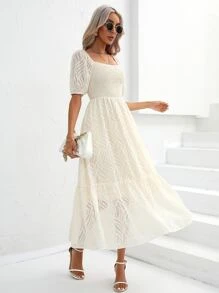 SHEIN Privé Square Neck Puff Sleeve Ruffle Hem Dress - Beige - View 3