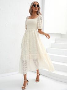 SHEIN Privé Square Neck Puff Sleeve Ruffle Hem Dress - Beige - View 4