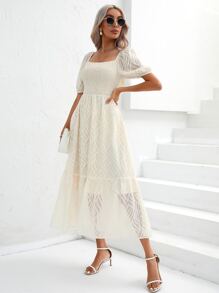 SHEIN Privé Square Neck Puff Sleeve Ruffle Hem Dress - Beige - View 5