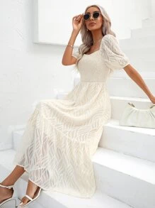 SHEIN Privé Square Neck Puff Sleeve Ruffle Hem Dress - Beige - View 6