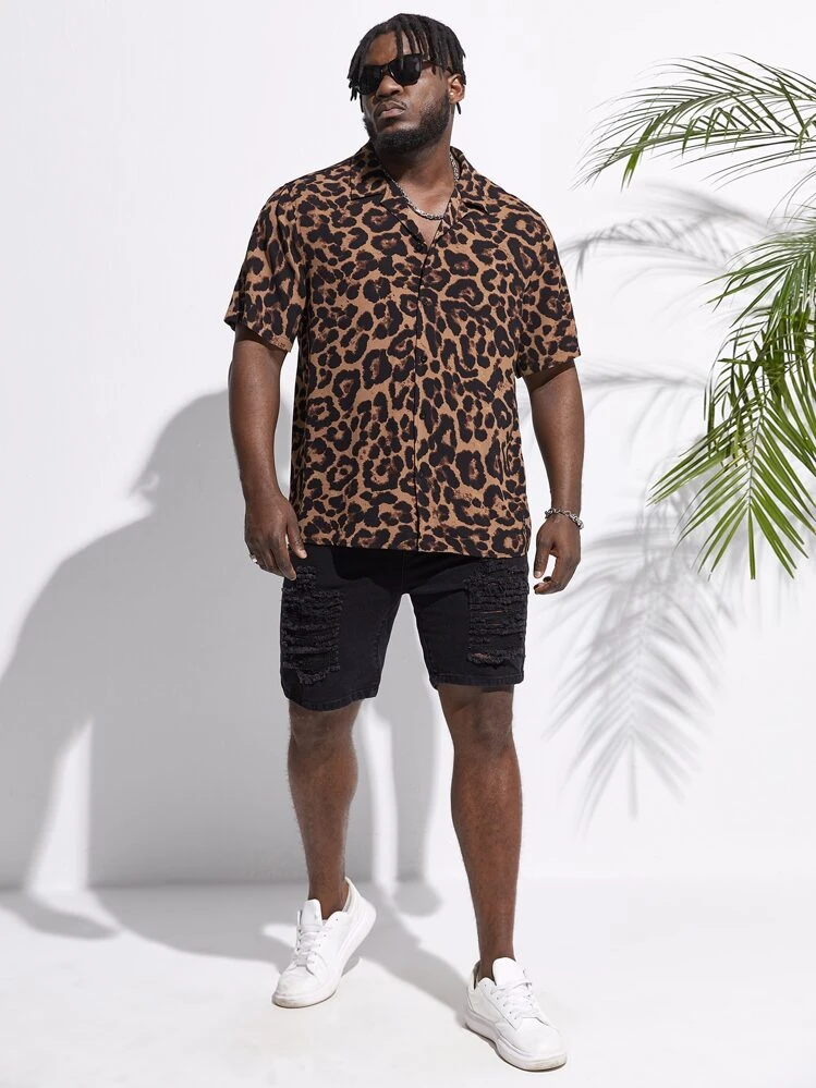 Camicia da uomo leopardato a maniche corte con bottone down, per il tempo libero, estiva, con stampa leopardata, stile hawaiano, a maniche corte, da spiaggia, F bianco., S