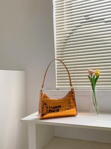 Crocodile Embossed Bag Metallic Funky Top Handle - Orange - View 1