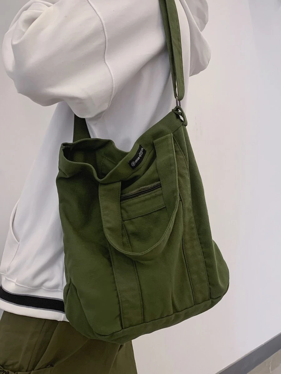 中等購物袋字母貼布綠色休閒適用於購物沙灘包購物袋可重複使用包行李袋適合旅行和工作 - 綠色 - 查看 1