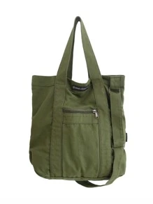 中等購物袋字母貼布綠色休閒適用於購物沙灘包購物袋可重複使用包行李袋適合旅行和工作 - 綠色 - 查看 3