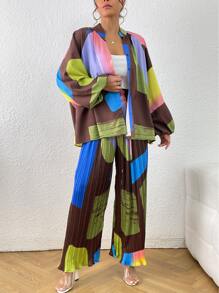 Colourblock Lantern Sleeve Shirt & Wide Leg Trousers - Multicolor - View 1