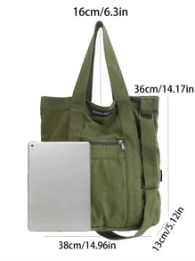 中等購物袋字母貼布綠色休閒適用於購物沙灘包購物袋可重複使用包行李袋適合旅行和工作 - 綠色 - 查看 4