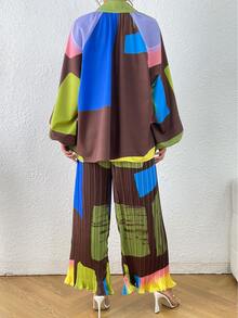 Colourblock Lantern Sleeve Shirt & Wide Leg Trousers - Multicolor - View 2