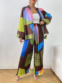 Colourblock Lantern Sleeve Shirt & Wide Leg Trousers - Multicolor - View 3