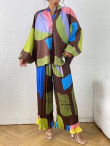 Colourblock Lantern Sleeve Shirt & Wide Leg Trousers - Multicolor - View 4
