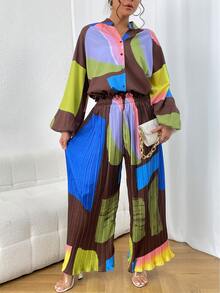 Colourblock Lantern Sleeve Shirt & Wide Leg Trousers - Multicolor - View 5