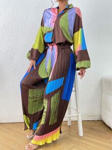 Colourblock Lantern Sleeve Shirt & Wide Leg Trousers - Multicolor - View 6