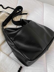 大流浪包黑色針腳細節可調整肩帶適用於日常 - 黑色 - 查看 2