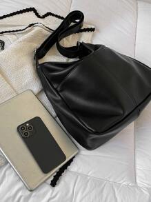 大流浪包黑色針腳細節可調整肩帶適用於日常 - 黑色 - 查看 4