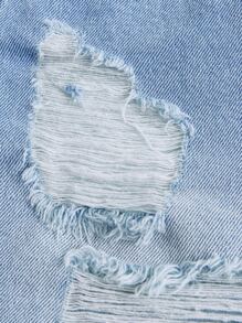 SHEIN 青少年女孩破洞毛邊紐扣門襟牛仔短褲 - 淺色水洗藍 - 查看 3