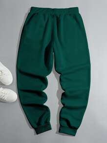 Manfinity Homme 宽松男士字母图案斜口袋运动裤，男士绿色图案慢跑裤，男士绿色运动裤，男士慢跑裤 - 墨綠色 - 查看 2