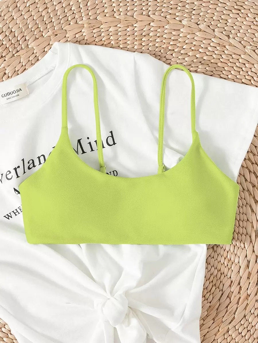 SHEIN Swim Summer Beach Solid Ribbed Knit Bikini Top - Lime Green - View 1