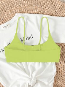 SHEIN Swim Summer Beach Solid Ribbed Knit Bikini Top - Lime Green - View 2