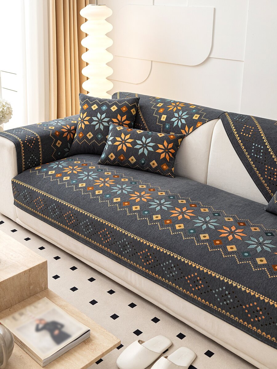 1 Hình Học Dạ Nỉ Sofa Khăn Boho Sofa Sofa Chăn Cho Gia Đình, Tất Cả Các Mùa - Màu xám đen - Xem 1