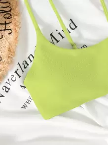 SHEIN Swim Summer Beach Solid Ribbed Knit Bikini Top - Lime Green - View 3