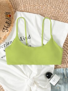 SHEIN Swim Summer Beach Solid Ribbed Knit Bikini Top - Lime Green - View 5