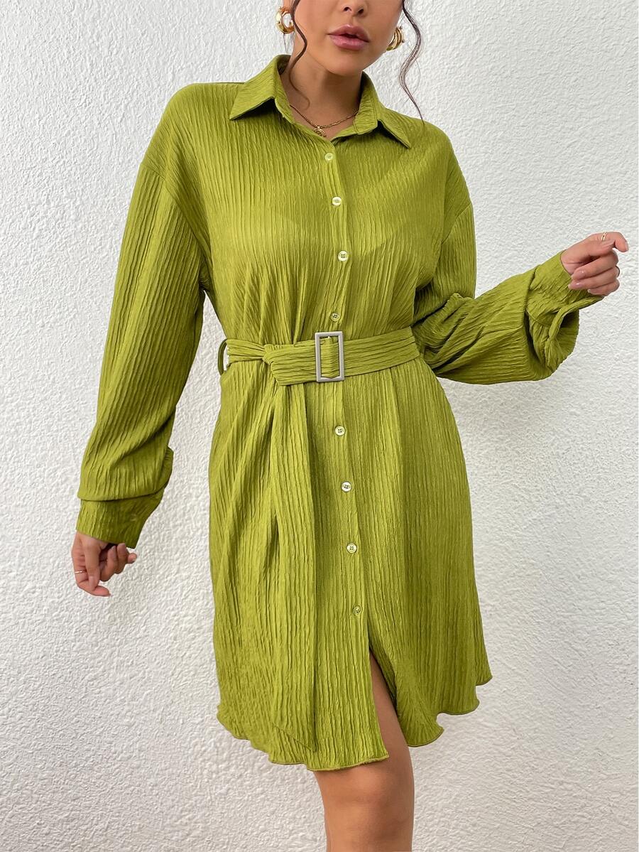 Drop Shoulder Belted Shirt Dress - Green - View 1