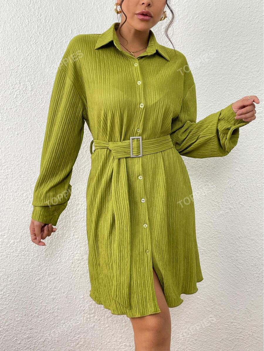 Drop Shoulder Belted Shirt Dress