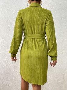 Drop Shoulder Belted Shirt Dress - Green - View 2