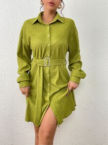 Drop Shoulder Belted Shirt Dress - Green - View 3